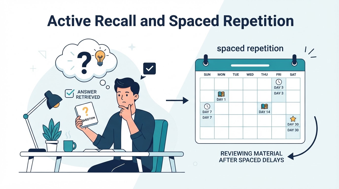 Illustration showing a learner retrieving an answer from memory and reviewing the material again across spaced days