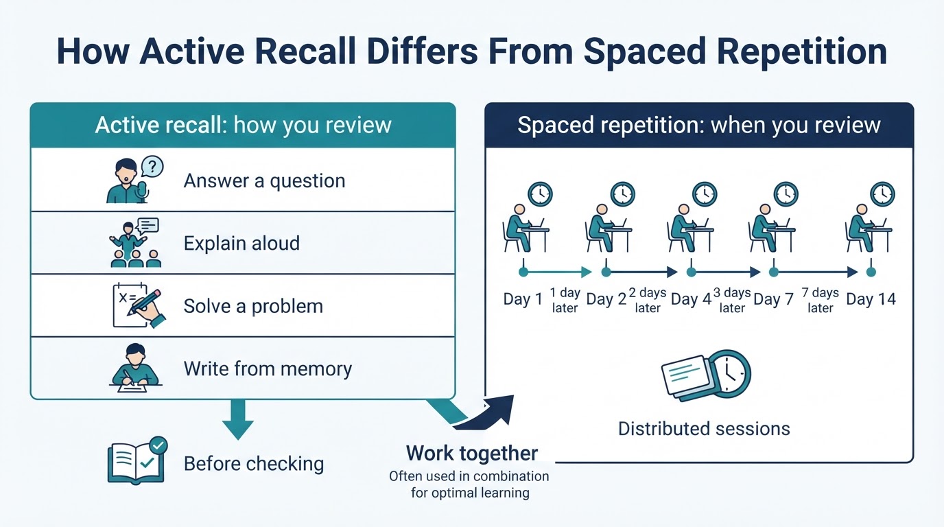 Comparison showing active recall as how information is reviewed and spaced repetition as when reviews are distributed