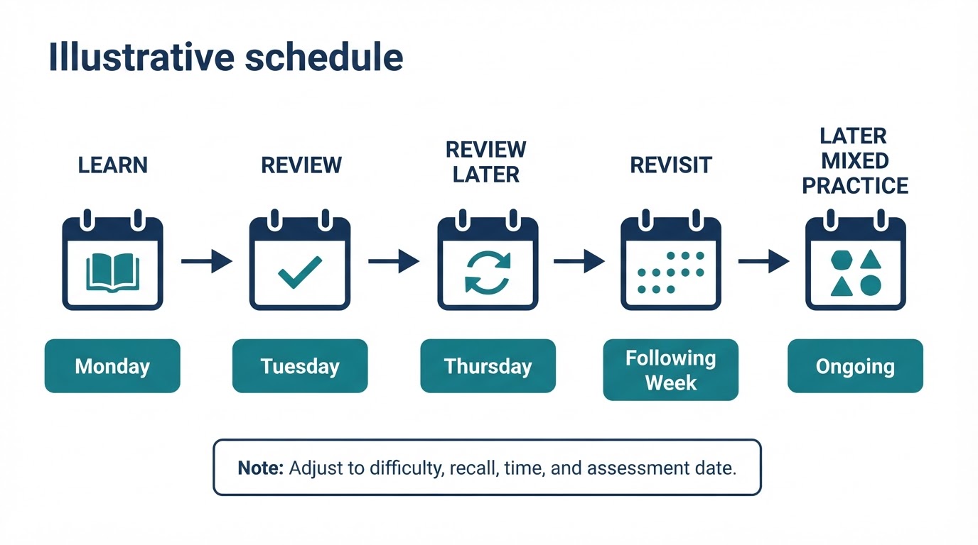Illustrative review timeline from Monday learning through later spaced and mixed practice, with a note to adjust the schedule