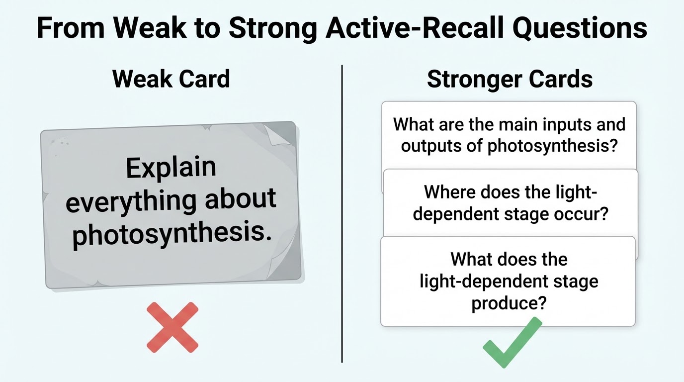 Comparison of an overly broad photosynthesis flashcard with focused questions about inputs, outputs, location, and products