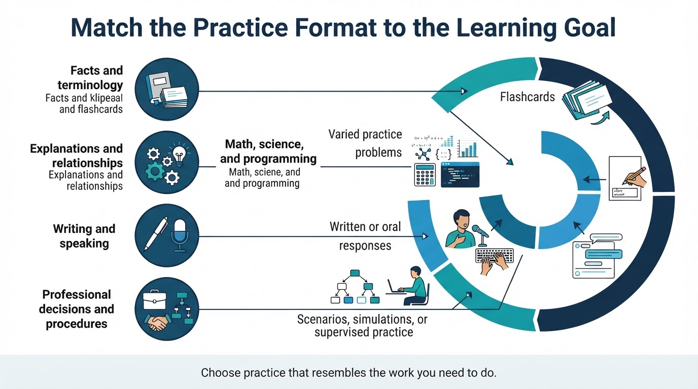 Infographic matching learning goals such as facts, explanations, problems, communication, and procedures with suitable practice formats