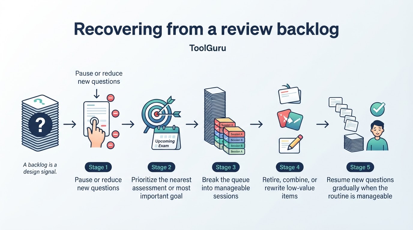 Step-by-step diagram for reducing a study review backlog and gradually returning to a manageable routine