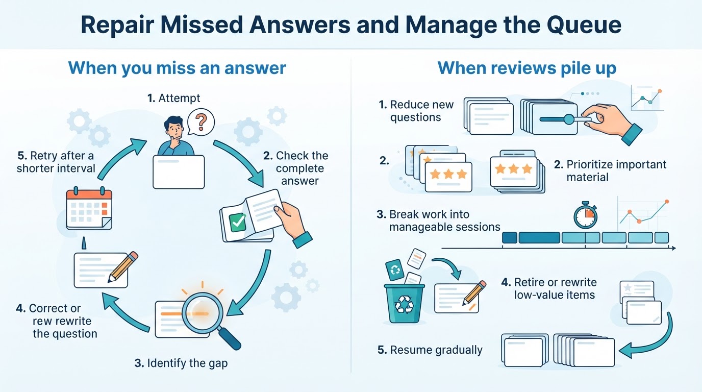 Process diagram showing how to repair a missed answer and reduce a spaced-repetition review backlog