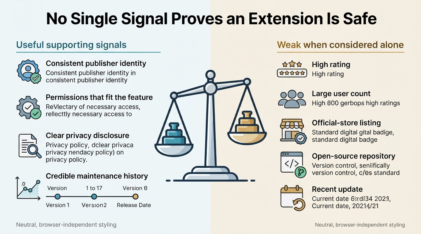 Infographic comparing stronger supporting safety signals with weaker browser extension signals that should not be trusted alone