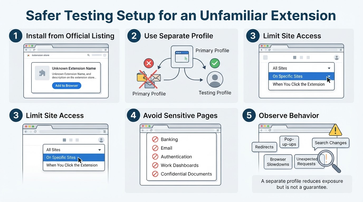 Five steps for testing an unfamiliar browser extension with limited exposure
