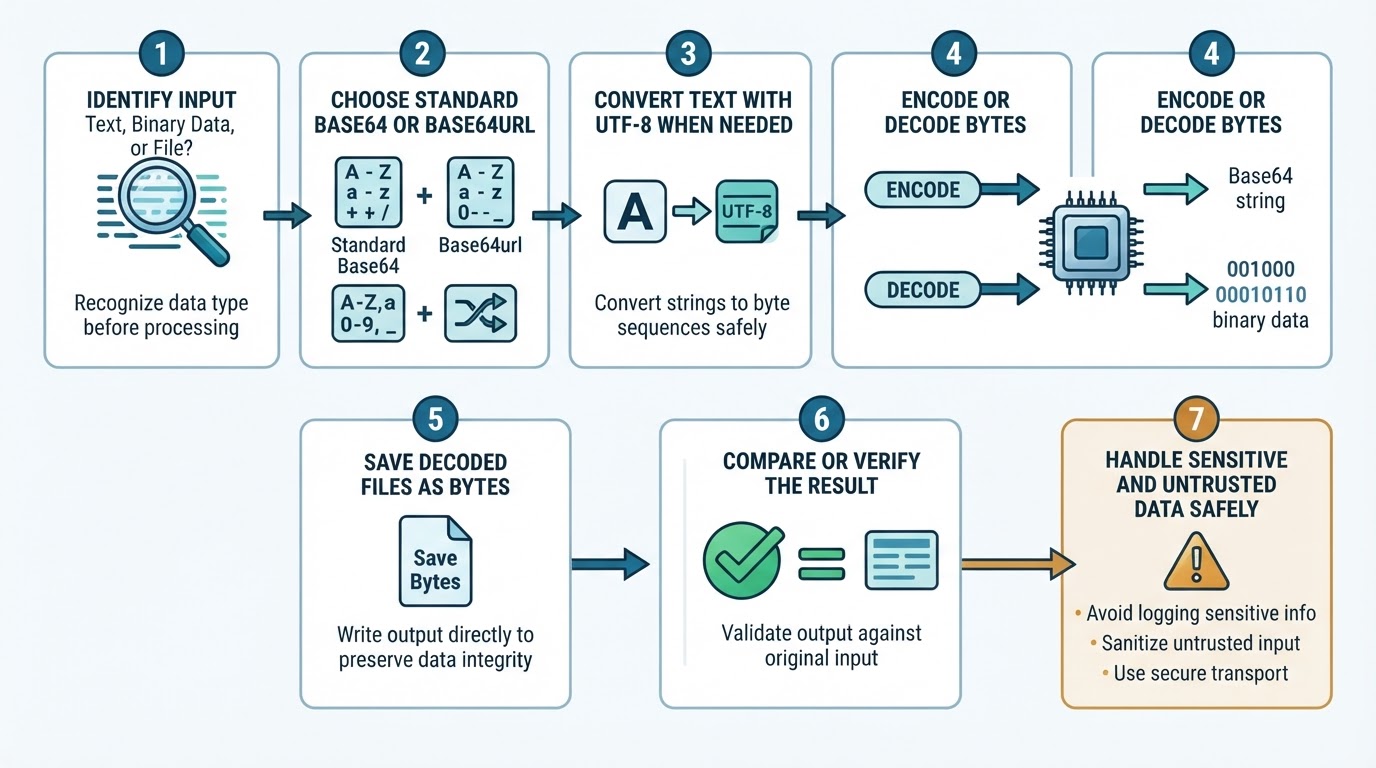 Seven-step workflow for identifying input, selecting a Base64 format, converting bytes, verifying results, and handling data safely