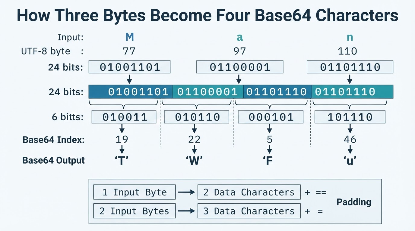 Bit-level diagram showing the bytes for Man split into four six-bit values that produce TWFu, with examples of Base64 padding