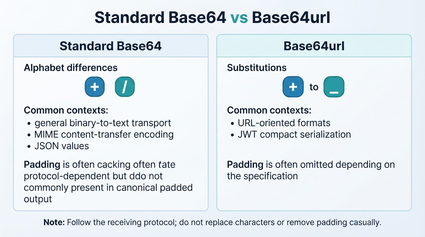 Comparison of standard Base64 and Base64url alphabets, contexts, and padding conventions