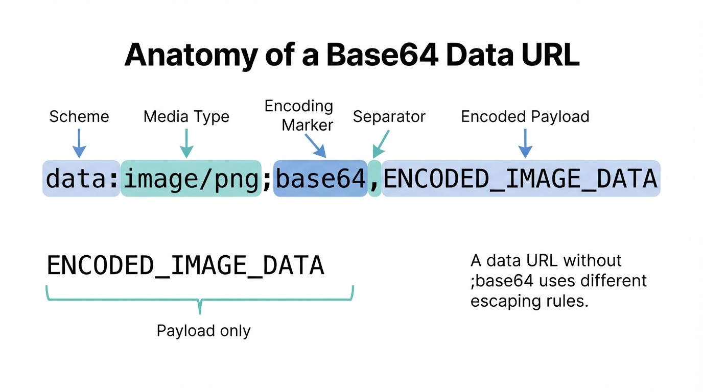Annotated Base64 data URL showing the scheme, media type, base64 marker, separator, and encoded payload