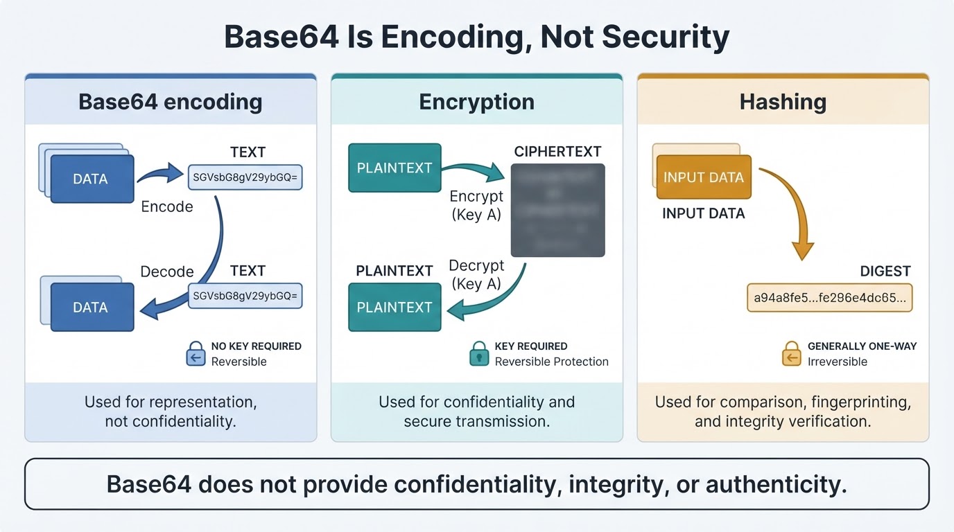 Infographic comparing Base64 encoding with encryption and hashing, emphasizing that Base64 does not provide security