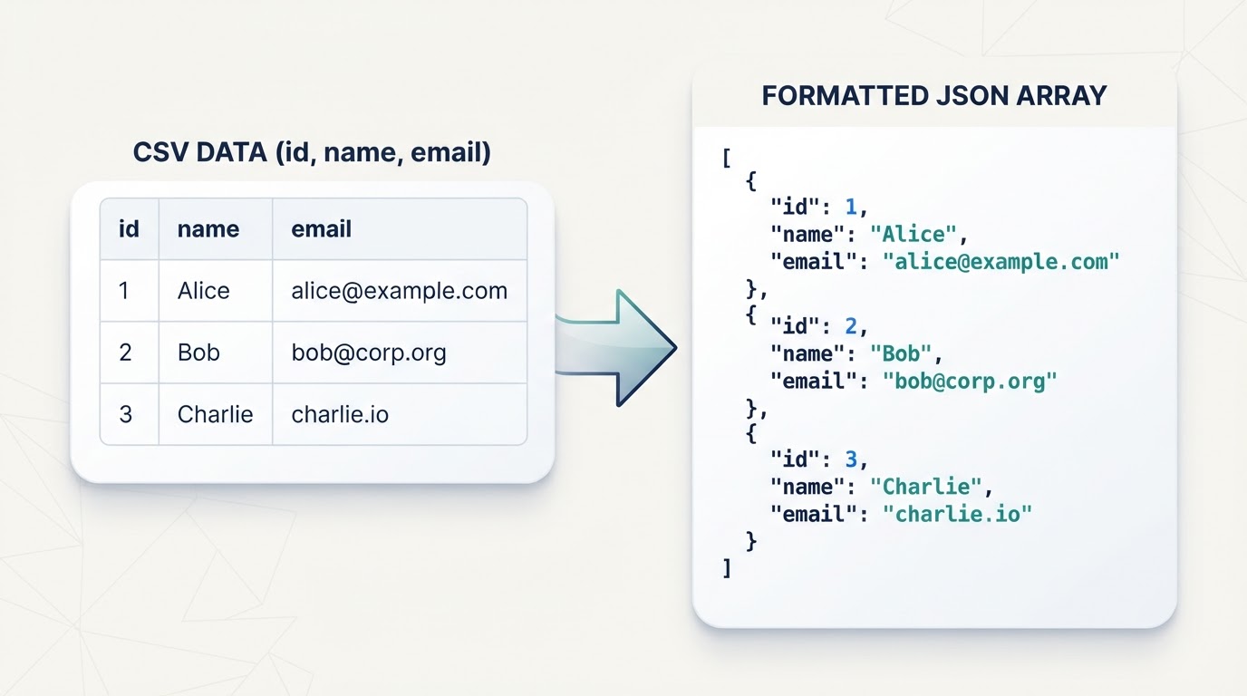 Illustration showing a CSV table being transformed into an array of JSON objects.