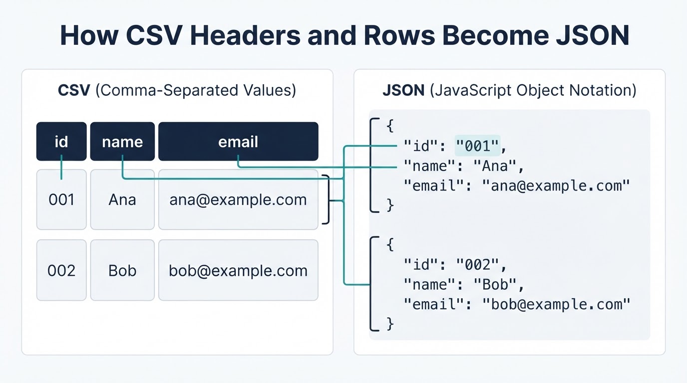 Diagram showing CSV headers becoming JSON keys and CSV rows becoming JSON objects, including a preserved leading-zero identifier.