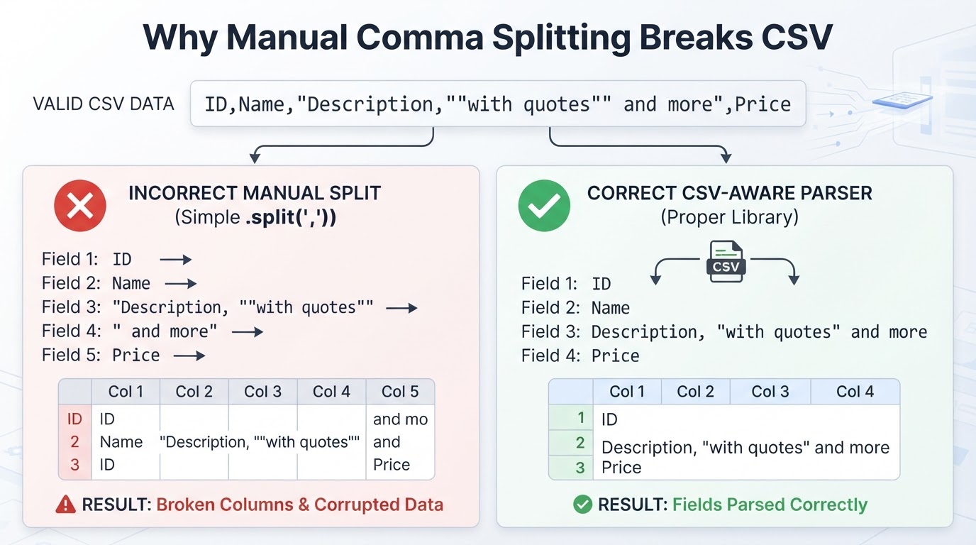 Diagram comparing incorrect manual comma splitting with a CSV-aware parser that preserves quoted fields.