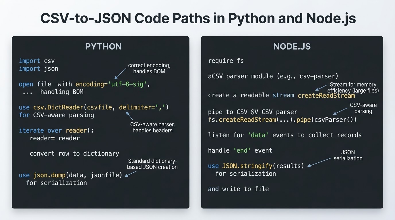 Split-panel code visual summarizing CSV-to-JSON conversion in Python and Node.js.
