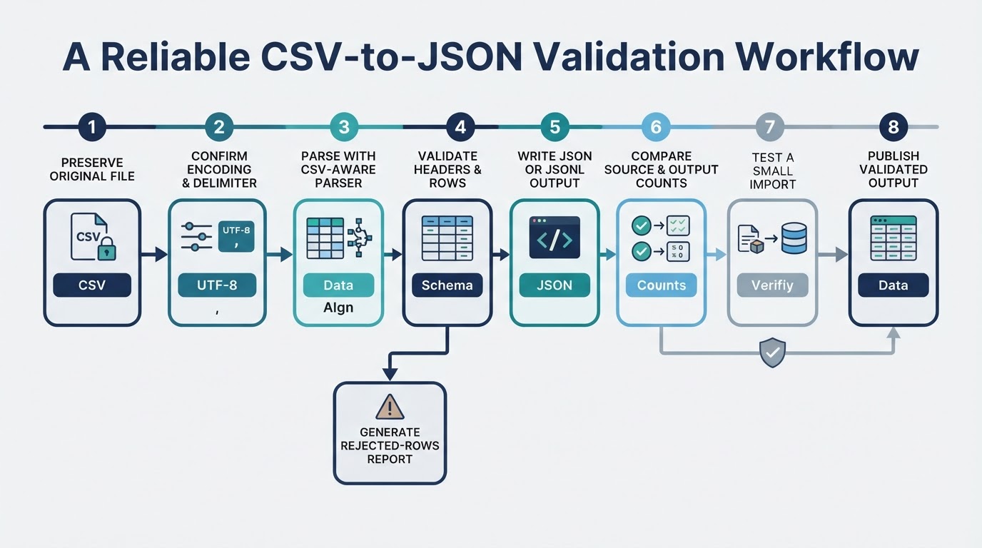 Workflow diagram showing CSV preservation, parsing, validation, rejected-row reporting, comparison, testing, and validated output.