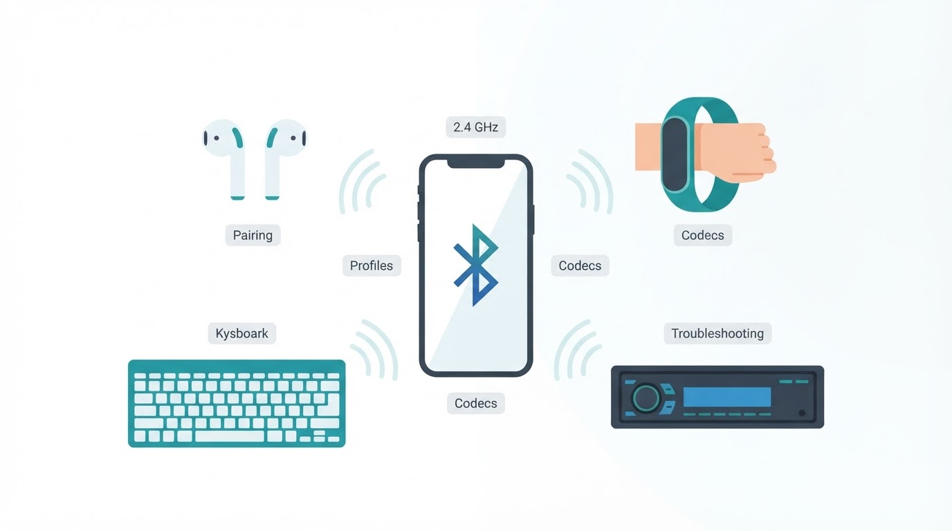 Illustration of a smartphone connecting wirelessly to earbuds, a keyboard, a fitness tracker, and a car system