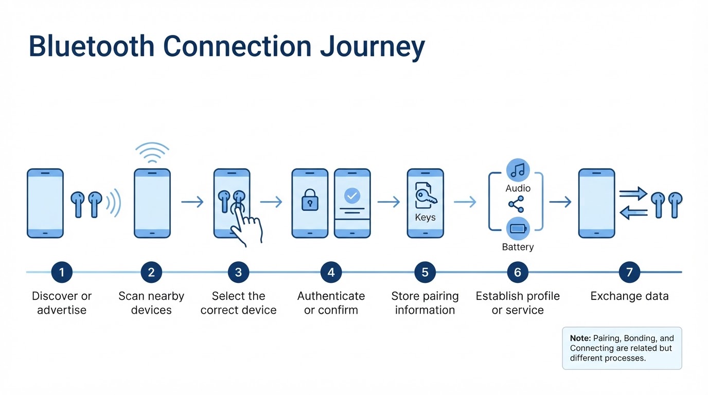 Seven-step diagram showing Bluetooth discovery, selection, authentication, bonding, profile setup, and data exchange