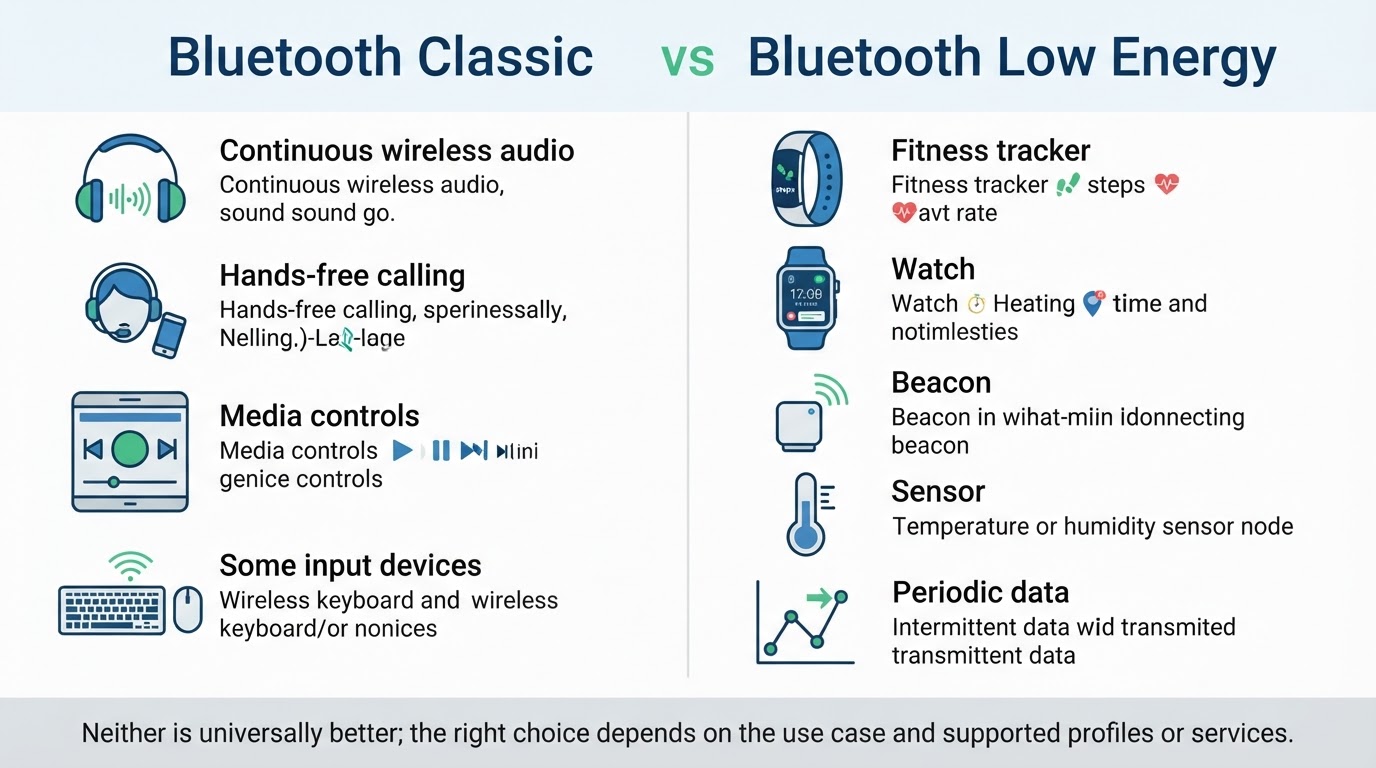 Comparison of Bluetooth Classic uses such as audio and calls with Bluetooth Low Energy uses such as trackers and sensors