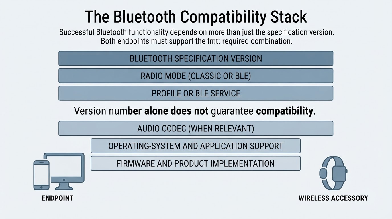 Layered Bluetooth compatibility diagram showing version, radio mode, profiles, codecs, software, and firmware