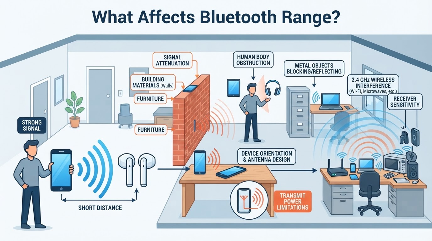 Room diagram showing how walls, obstructions, device orientation, and wireless congestion can affect Bluetooth range