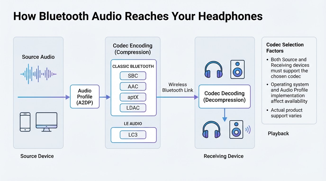 Signal-flow diagram showing Bluetooth audio encoding, wireless transmission, decoding, and playback
