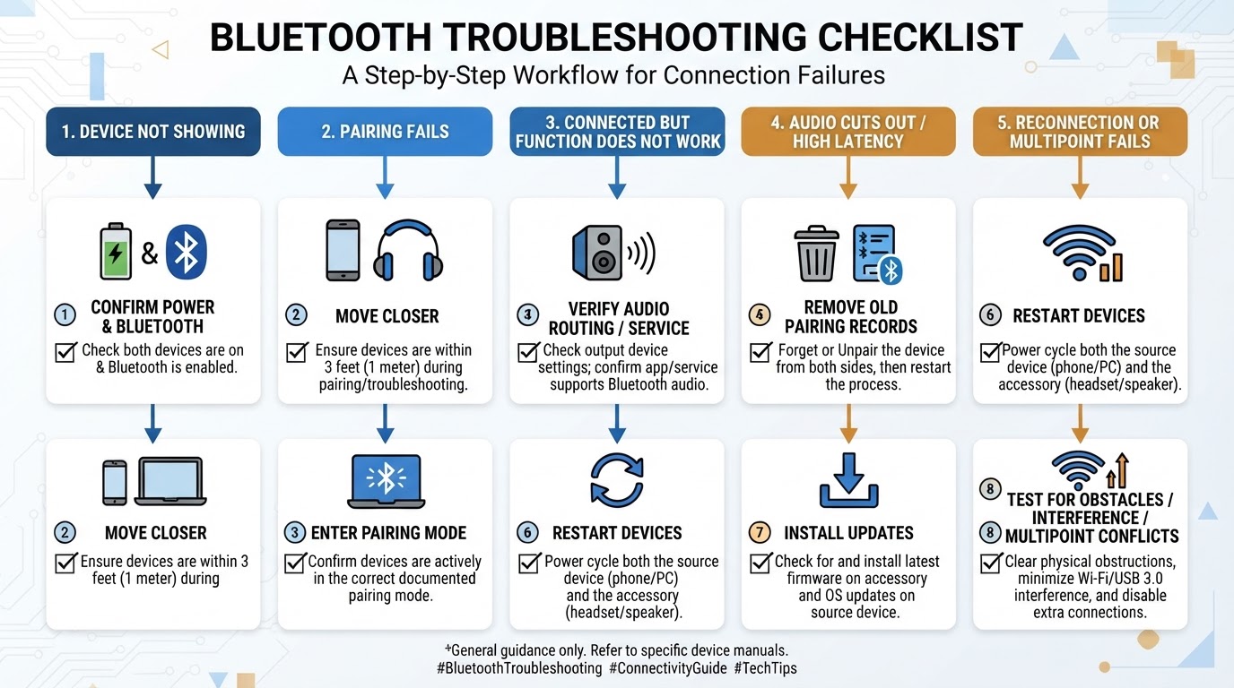 Bluetooth troubleshooting flowchart covering discovery, pairing, function, audio, reconnection, distance, updates, and interference