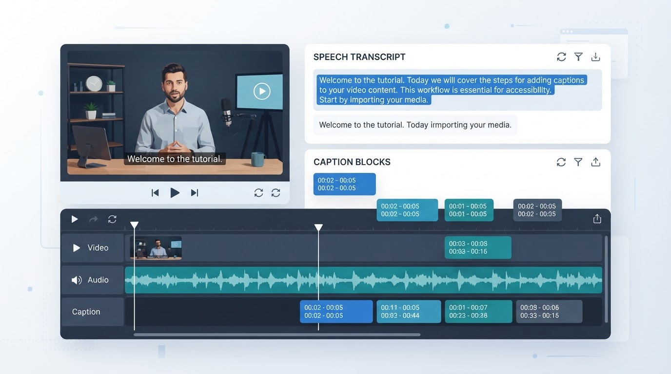 Video editing timeline with transcript text and timed caption cues displayed beneath a video preview.