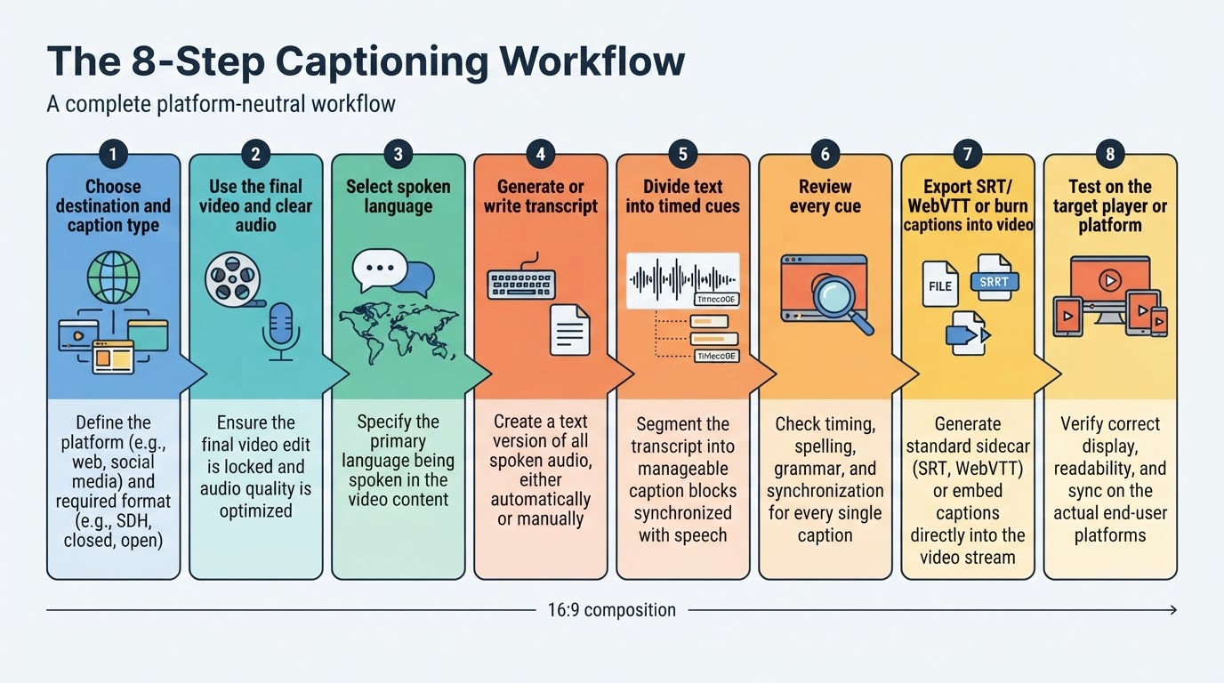 Eight-step diagram showing the process of preparing, creating, reviewing, exporting, and testing video captions.