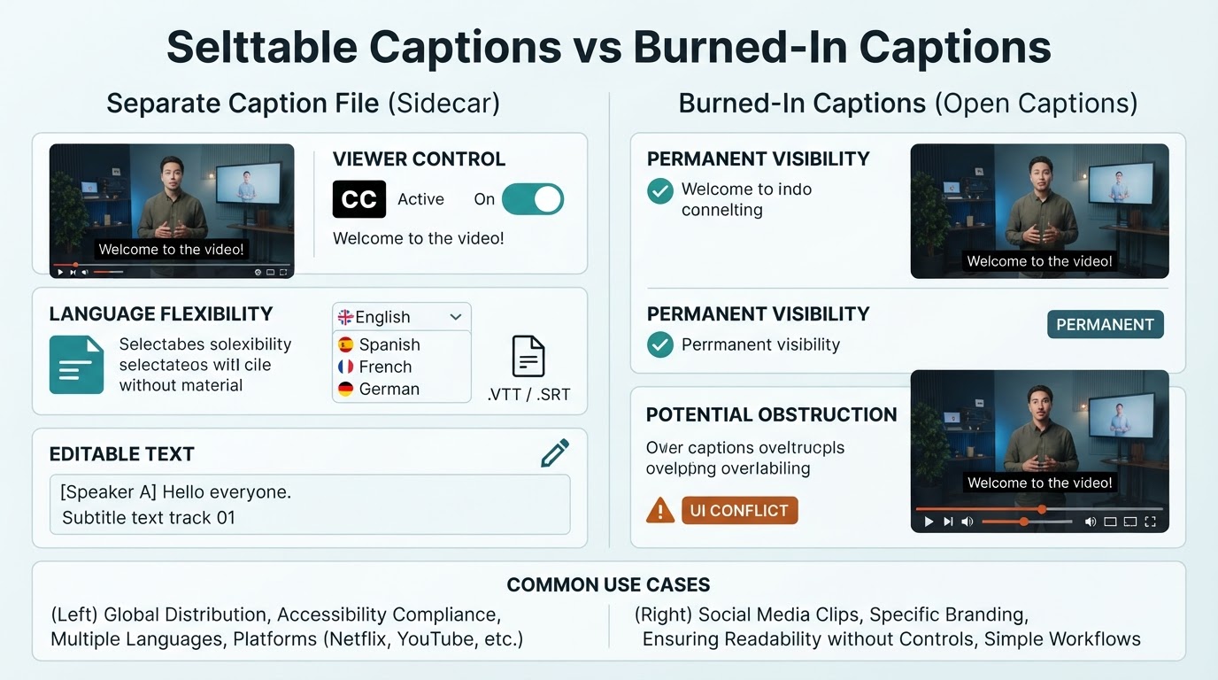 Comparison of separate selectable caption files and captions permanently burned into a video.