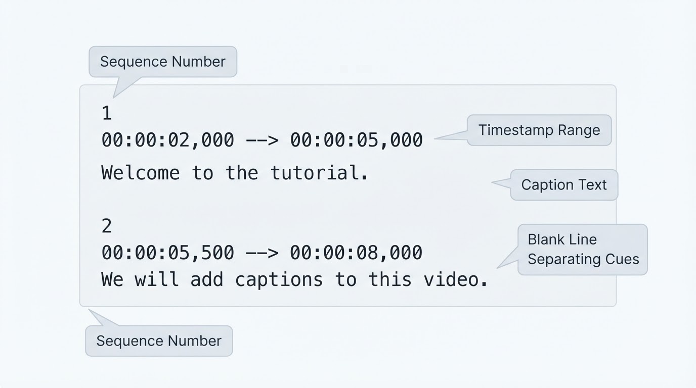 Labeled SRT example showing cue numbers, timestamp ranges, caption text, and blank lines between cues.