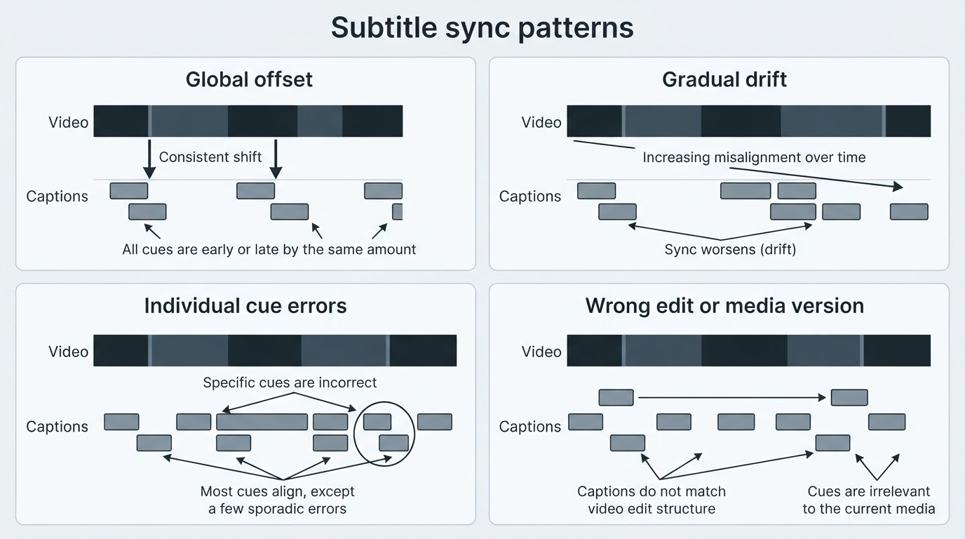 Four timeline examples showing global offset, gradual subtitle drift, individual cue errors, and a mismatched video edit.