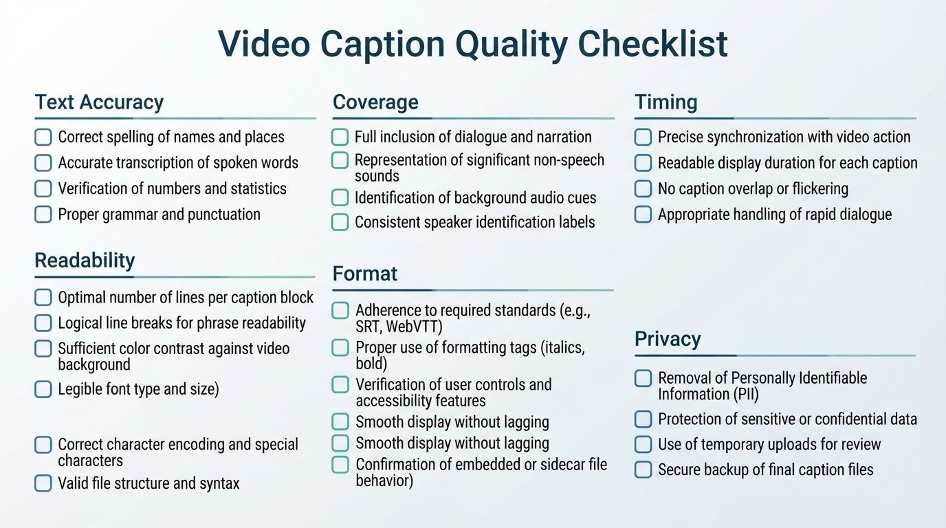 Caption quality checklist covering text accuracy, sound coverage, timing, readability, format, playback, and privacy.