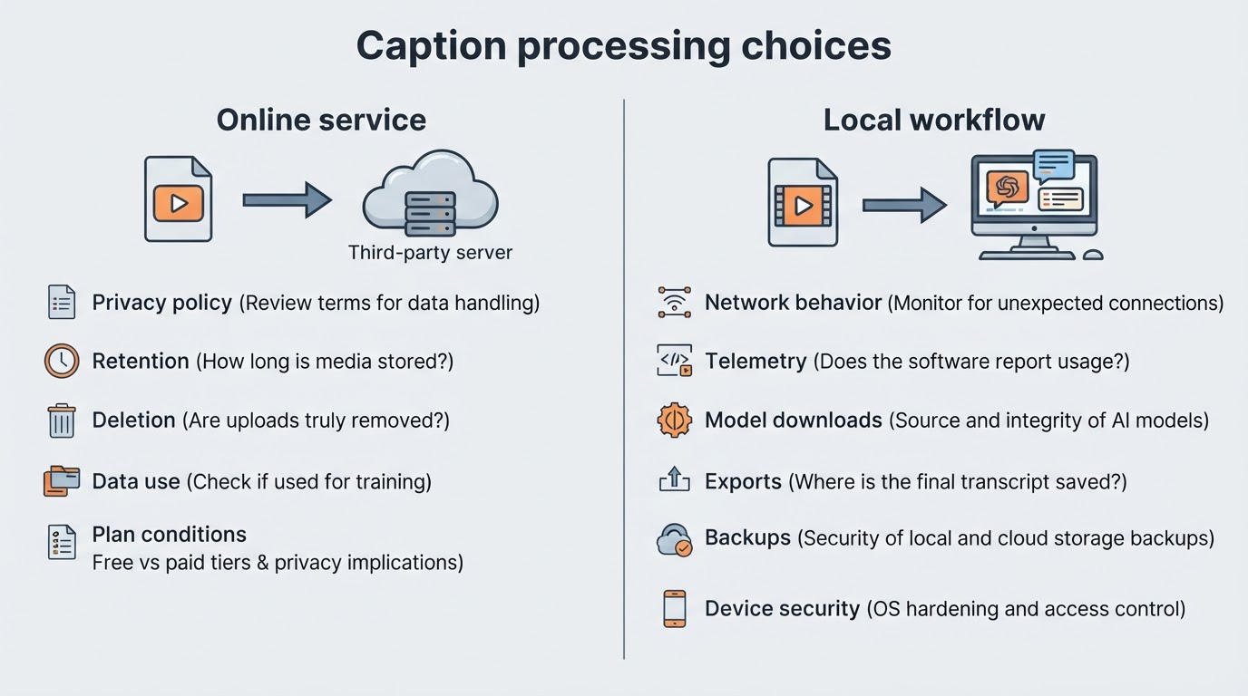Neutral comparison of online caption processing and local processing, including upload, retention, network, telemetry, and backup considerations.