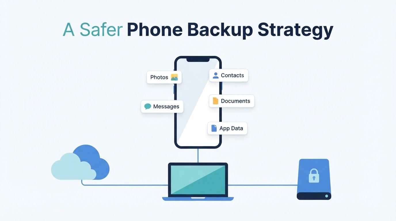 A smartphone connected to cloud storage, a computer, and an external drive to represent layered phone backups.