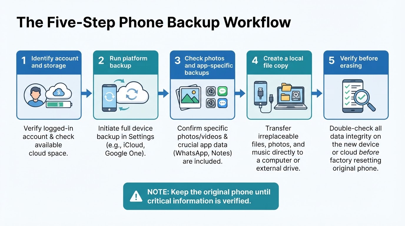 Five-step phone backup workflow from checking the account to verifying data before erasing the phone.