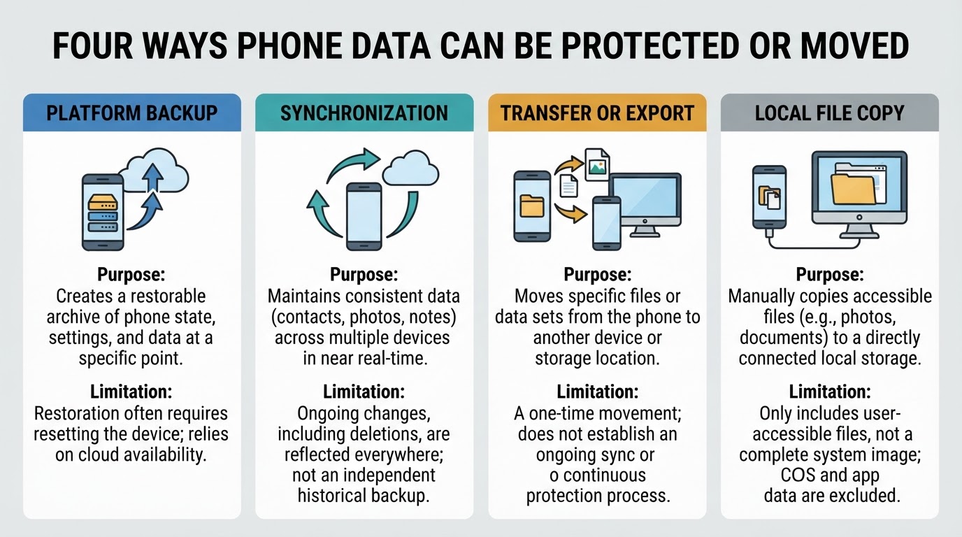 Comparison of platform backup, synchronization, transfer or export, and local file copying.