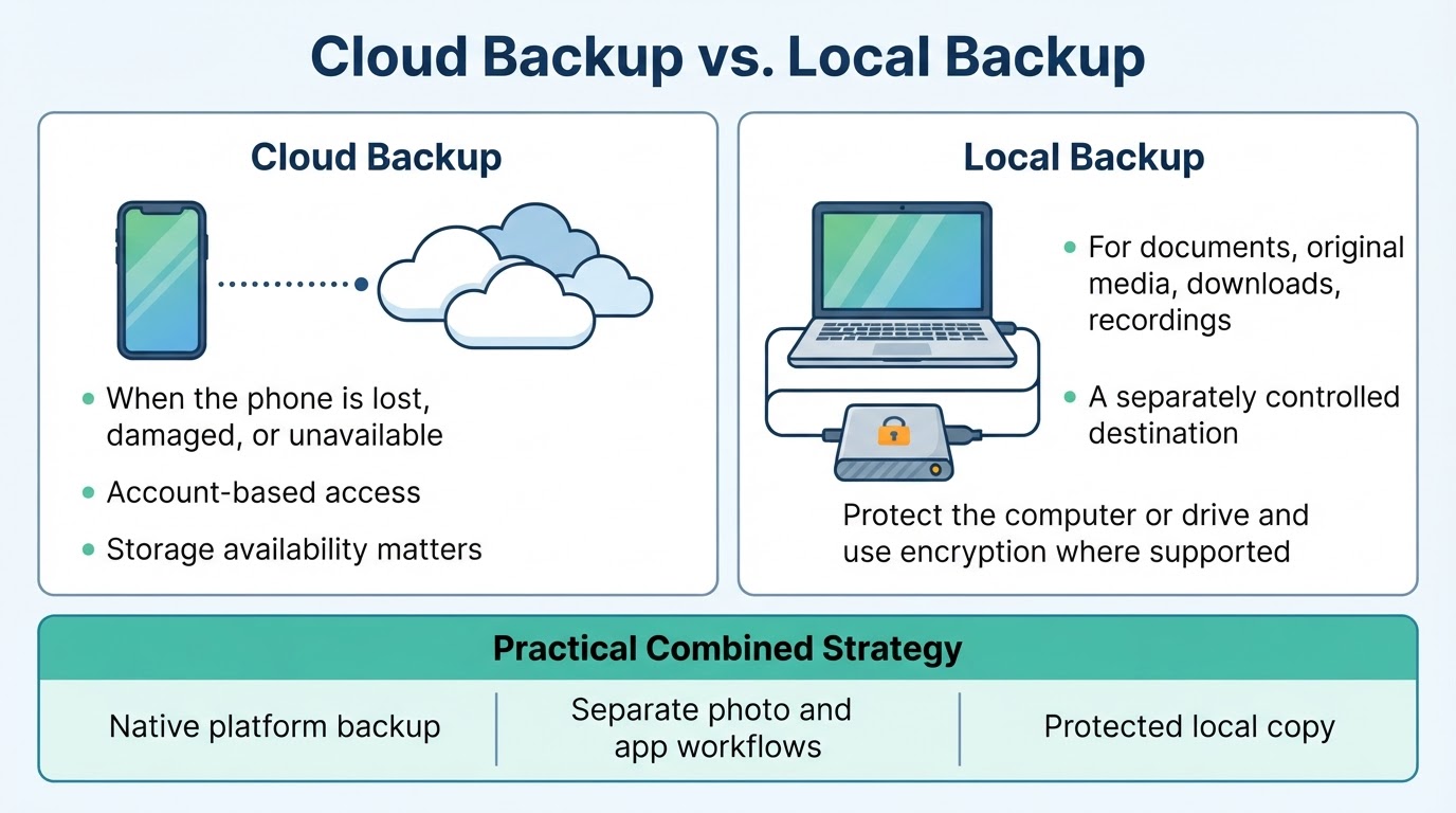 Comparison showing the different benefits of cloud backup, local backup, and a combined phone backup strategy.