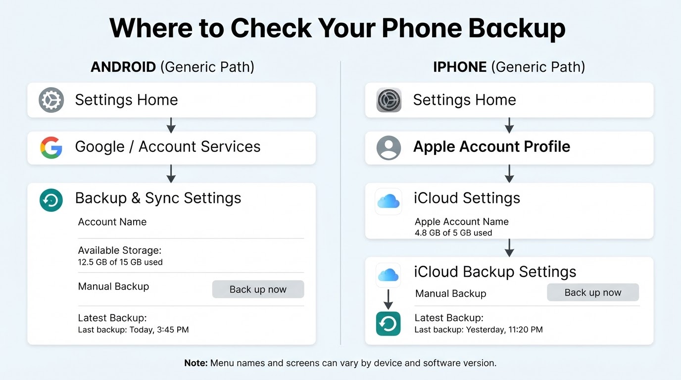 Generic Android and iPhone settings paths for checking account, storage, and the latest phone backup.