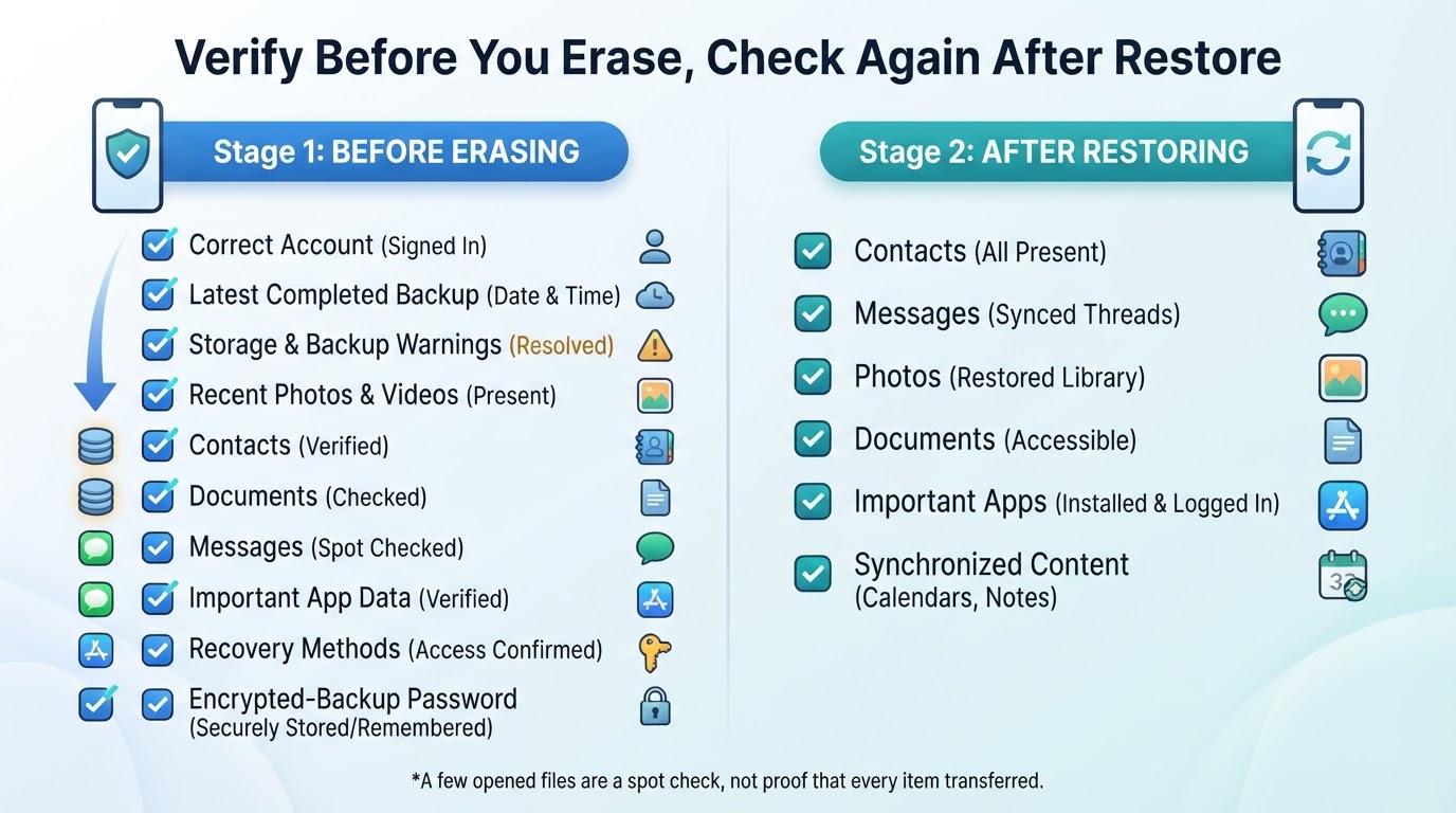 Checklist for verifying a phone backup before erasing the device and checking data after restoration.