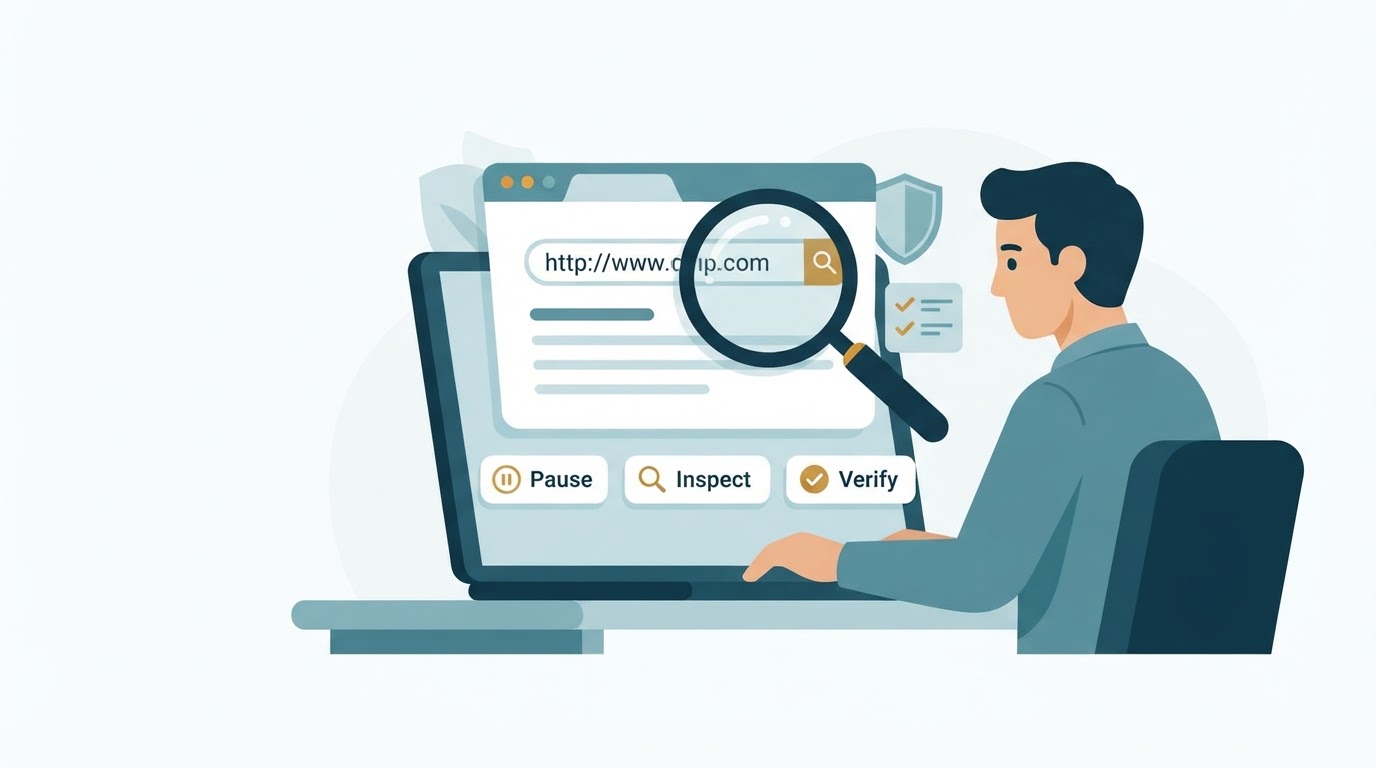 Illustration of a person inspecting a link on a laptop before clicking it, with Pause, Inspect, and Verify steps.