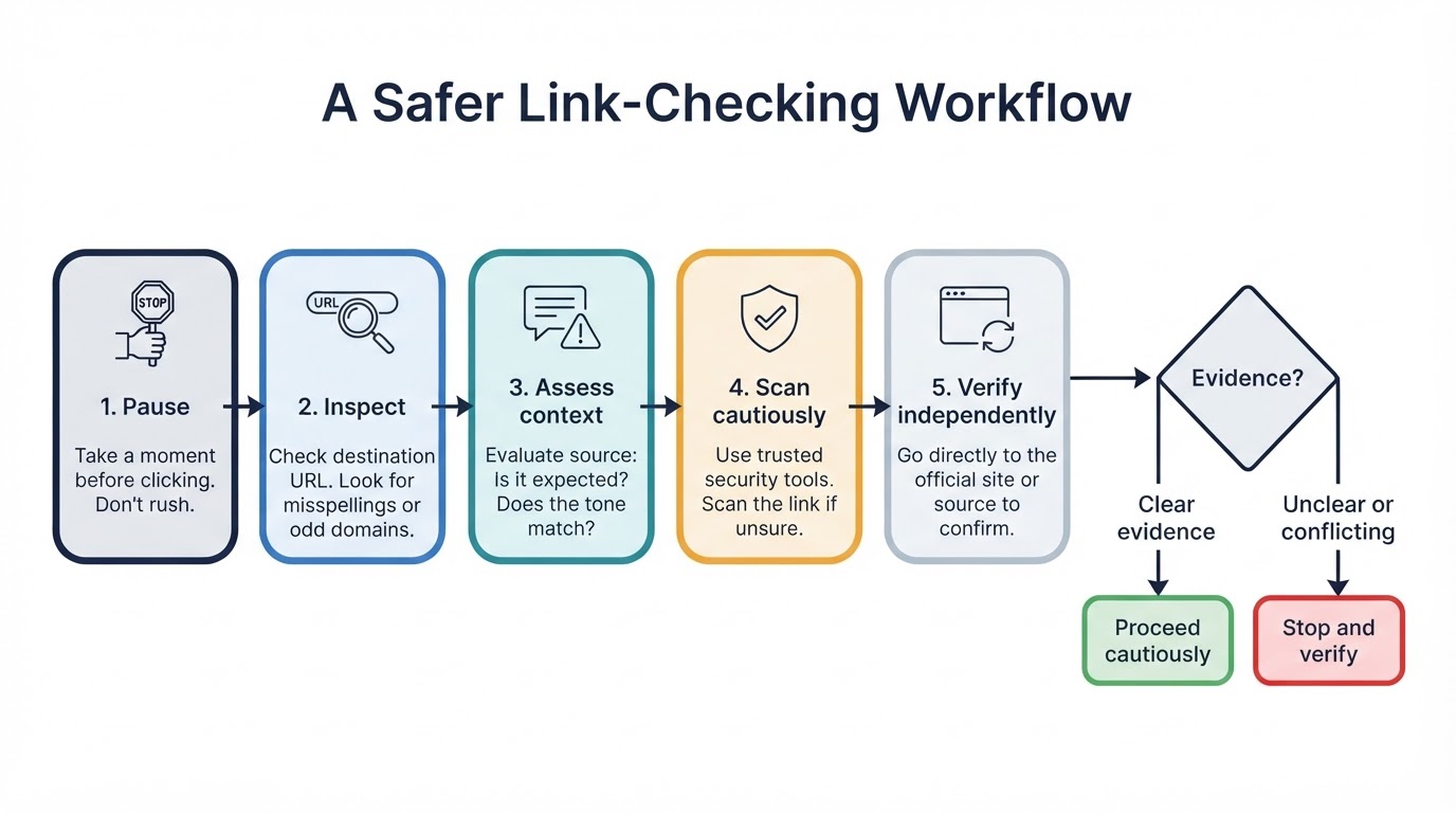 Five-step workflow for checking a link: pause, inspect, assess context, scan cautiously, and verify independently.