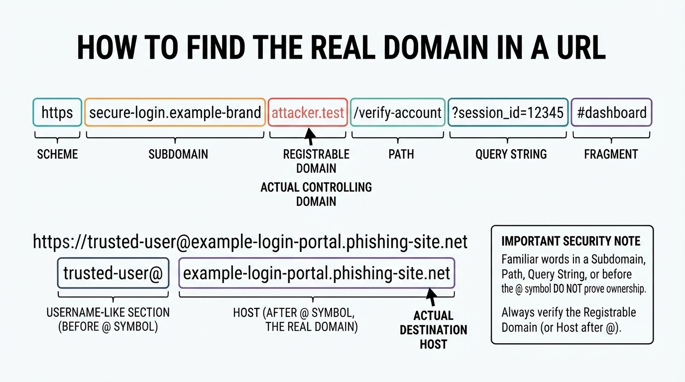 Annotated URL diagram showing the scheme, subdomain, registrable domain, path, query string, and fragment, with the actual host highlighted.