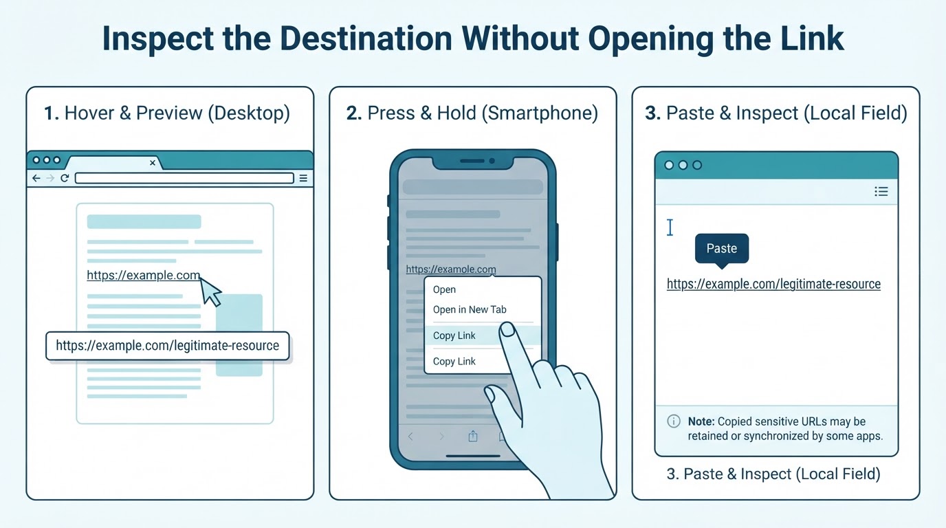 Three steps for checking a link without opening it: hover on desktop, press and hold or copy on a phone, then inspect the copied URL.