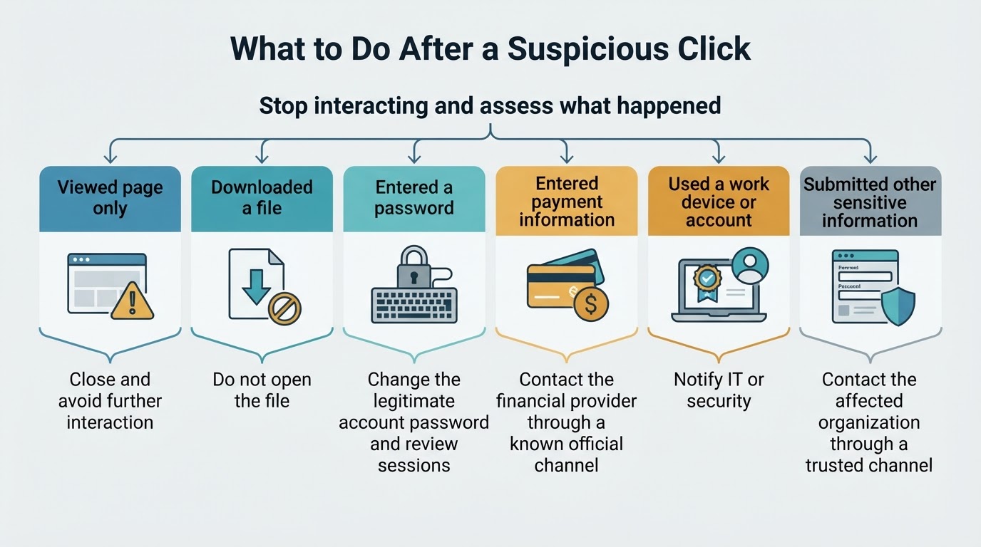 Post-click response guide showing what to do after viewing a page, downloading a file, entering a password, entering payment information, or using a work account.