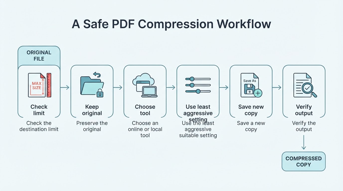 Six-step diagram for compressing a PDF: check the file limit, preserve the original, choose a tool, select a suitable setting, save a new copy, and verify it.