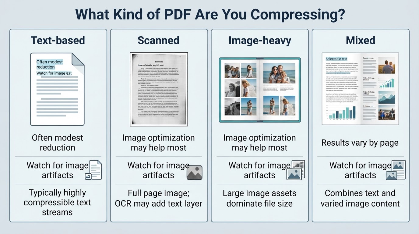Comparison graphic showing text-based, scanned, image-heavy, and mixed PDFs with their typical compression considerations.