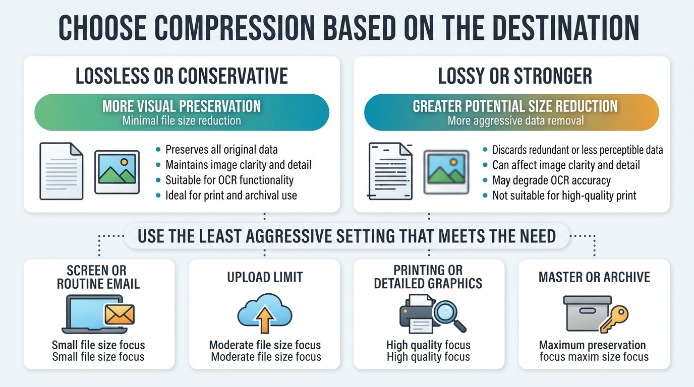 Infographic comparing conservative and stronger PDF compression choices for screen viewing, uploads, printing, and master copies.