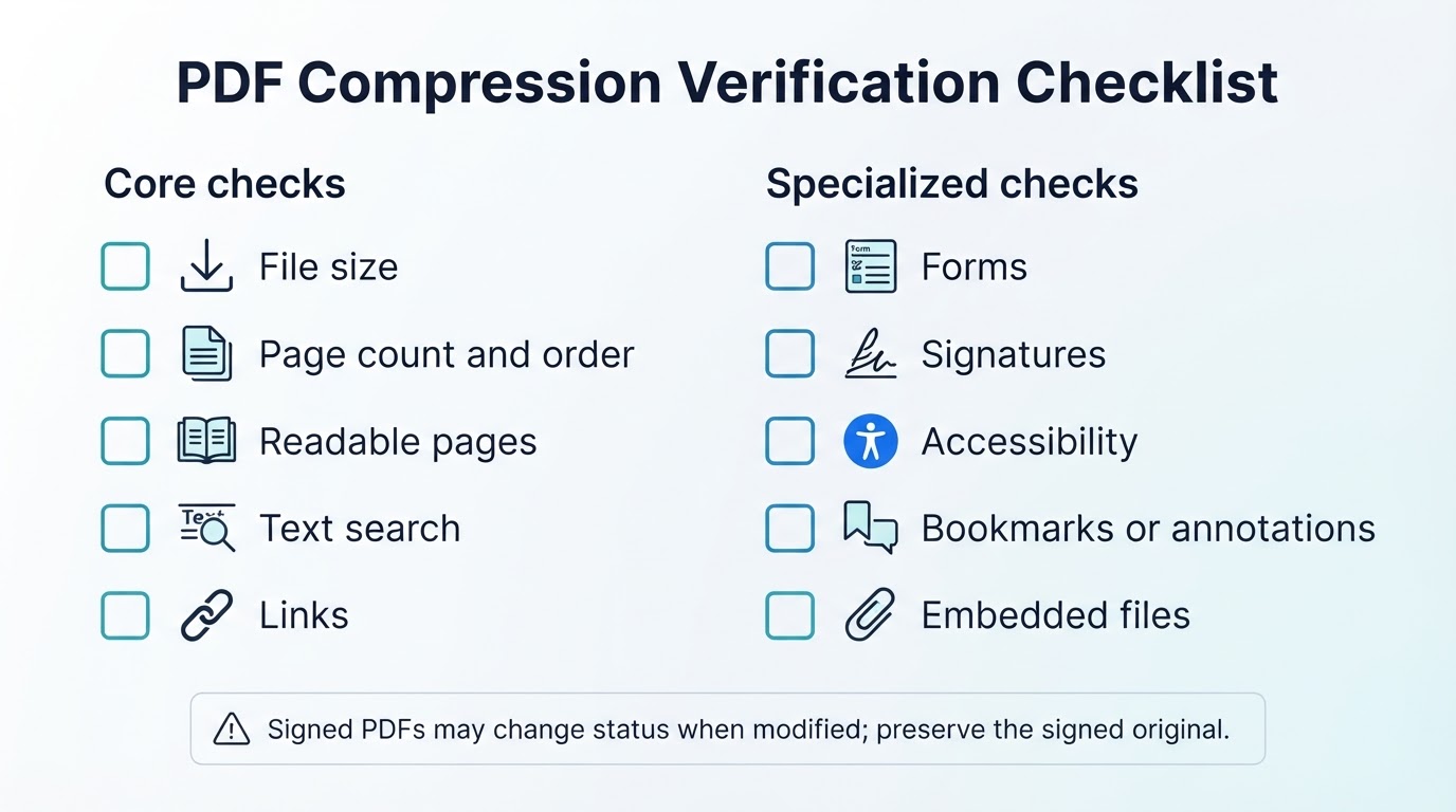 Checklist for verifying a compressed PDF, including file size, page integrity, readability, search, links, forms, signatures, and accessibility features.