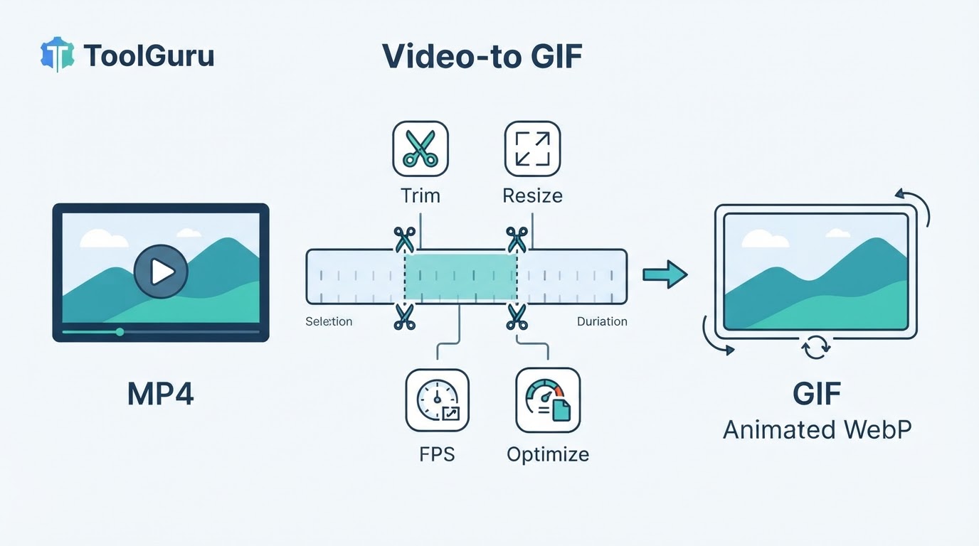 Diagram showing a video being trimmed and converted into an optimized looping GIF.