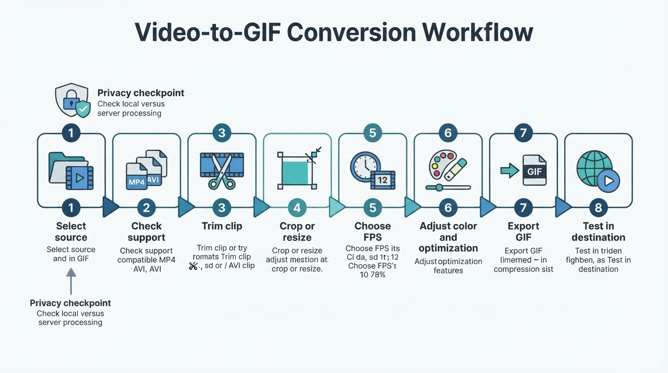 Eight-step diagram for converting a video to GIF, from selecting the source to testing the exported file.